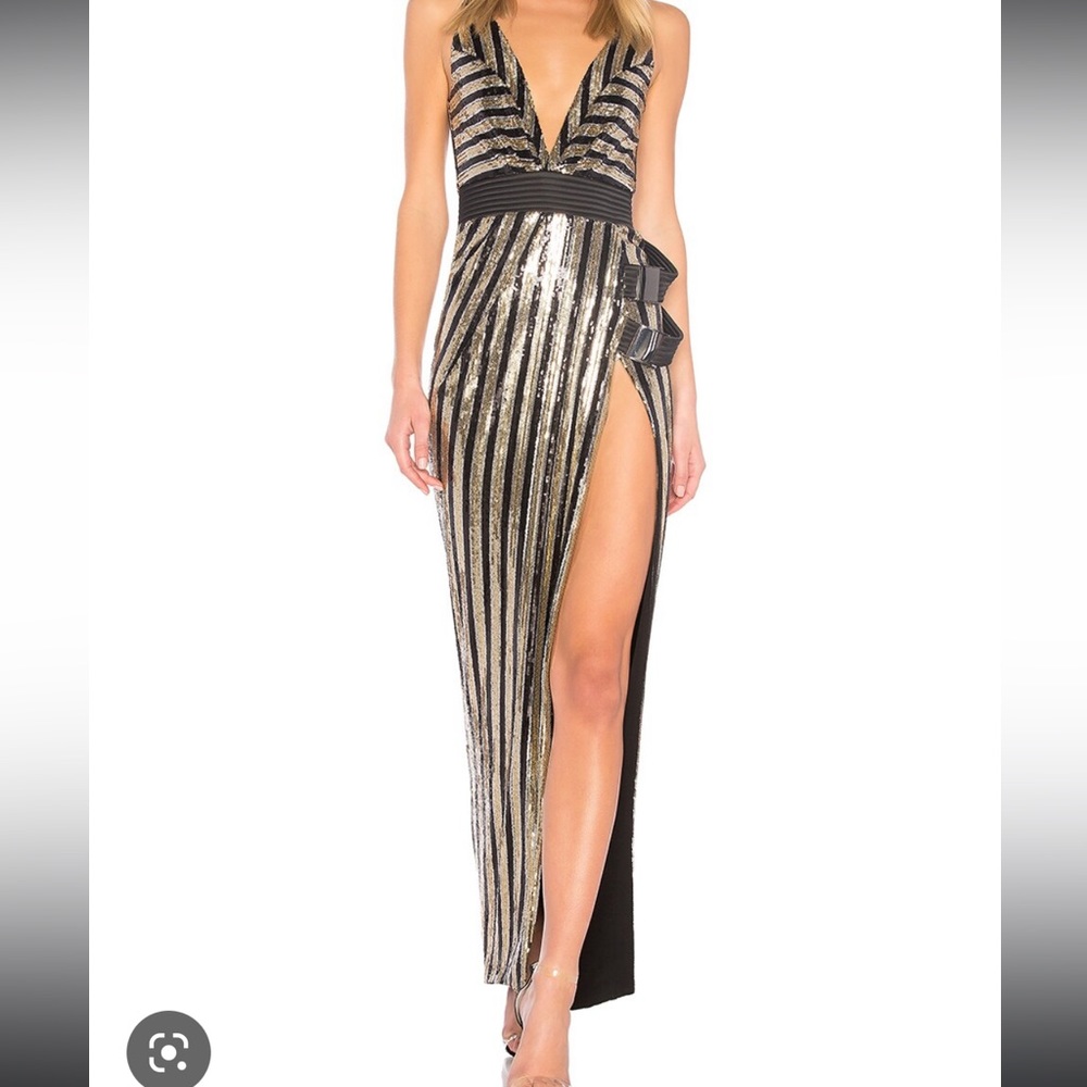 Zhivago Black and Gold Sequin Plunge V-Neck Gown